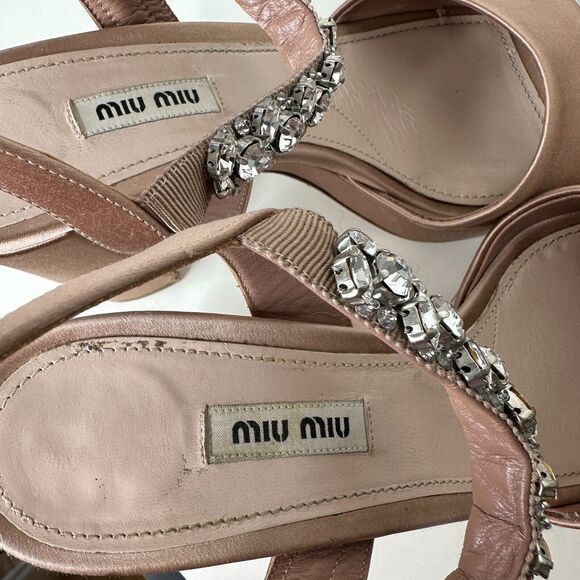 Miu Miu Nude Calzature Donna Satin Crystal Ankle Strap Platform Block Heels 10.5 - Picture 15 of 16
